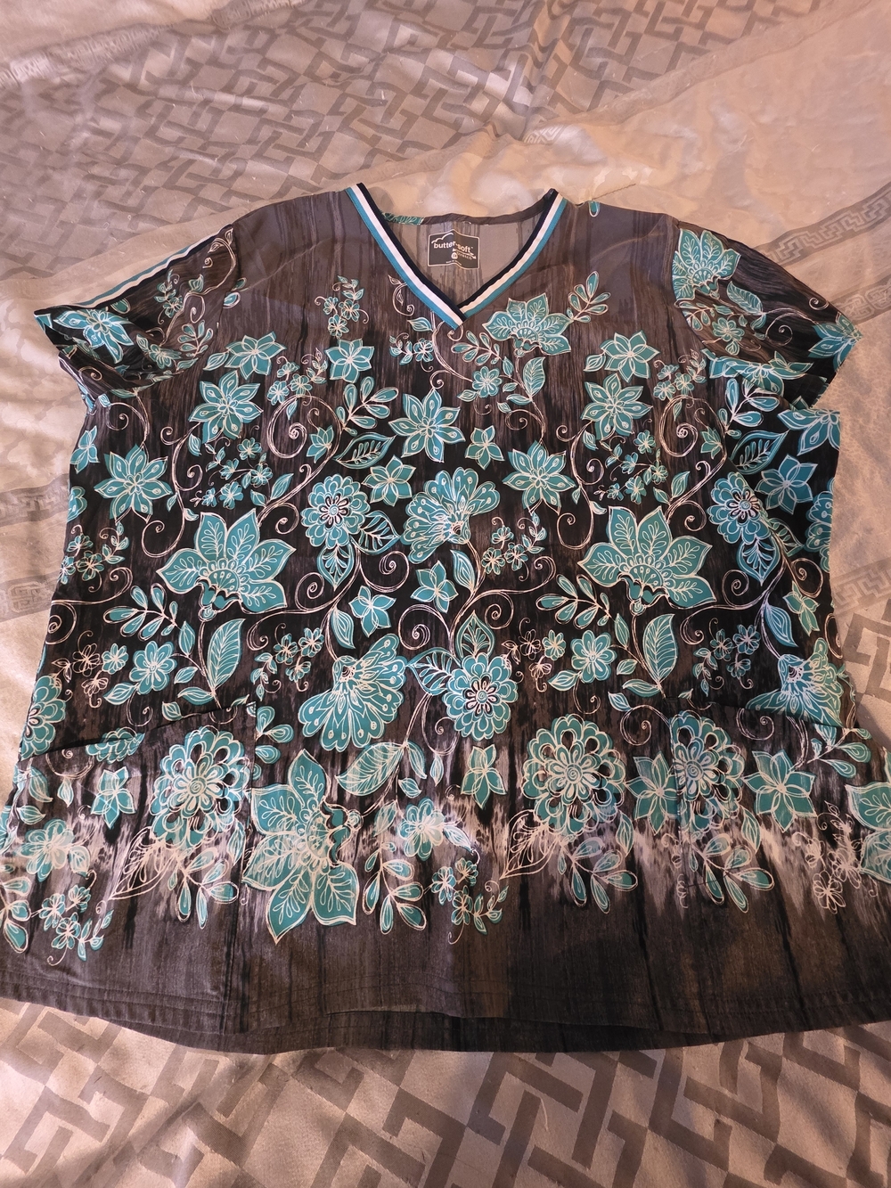 Uniform Advantage Black Tunic with Teal Floral Design